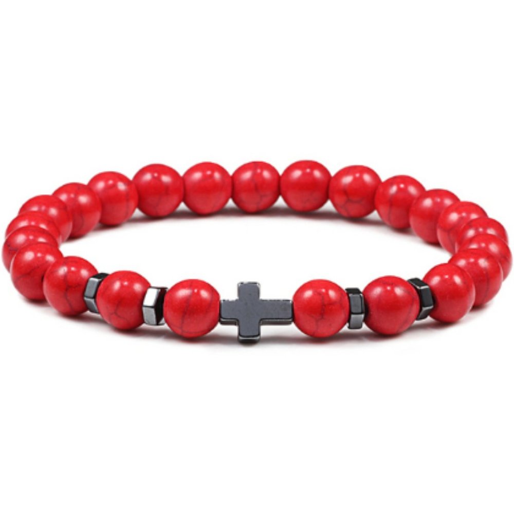 Red Howlite Bracelet,Cross Bracelet,Red Bracelet,8mm Red Howlite Beads